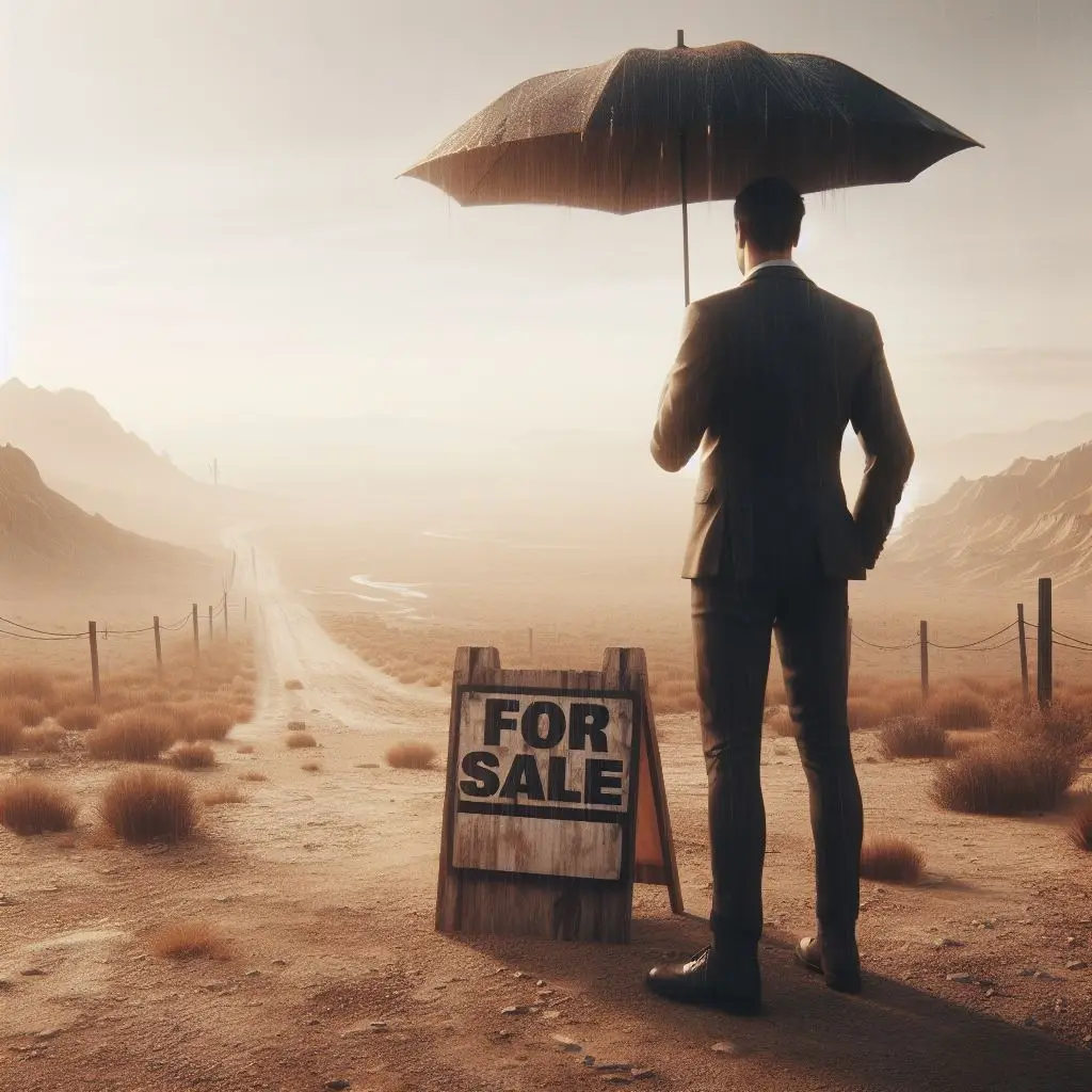 man standing in desert with for sale sign